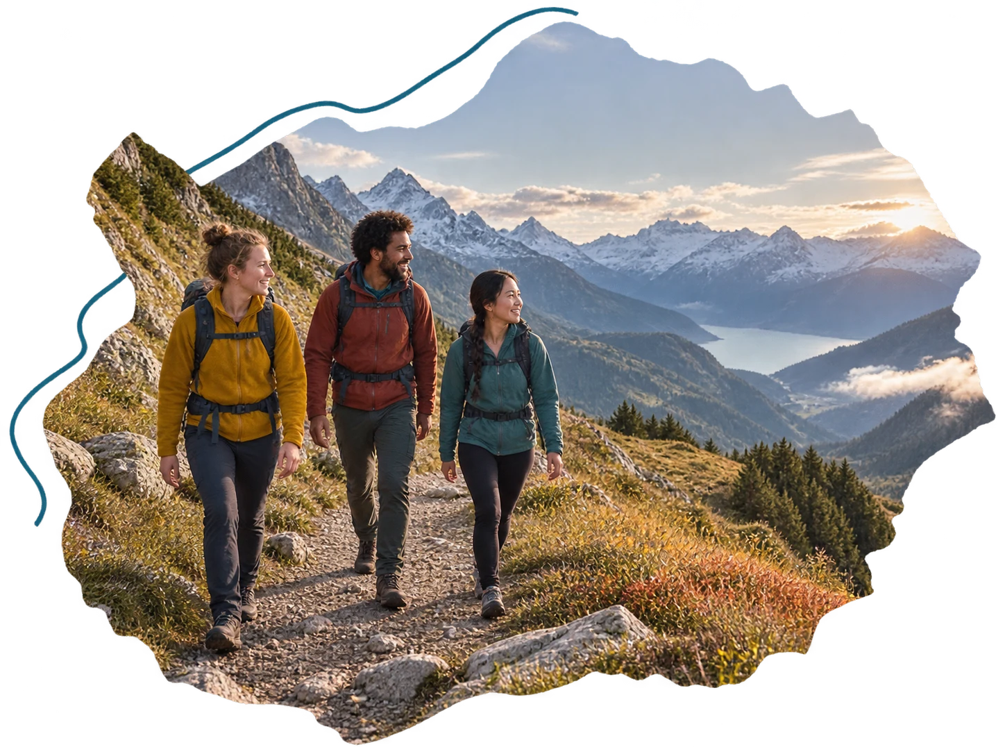 Drei Erwachsene wandern gemeinsam auf einem alpinen Bergweg