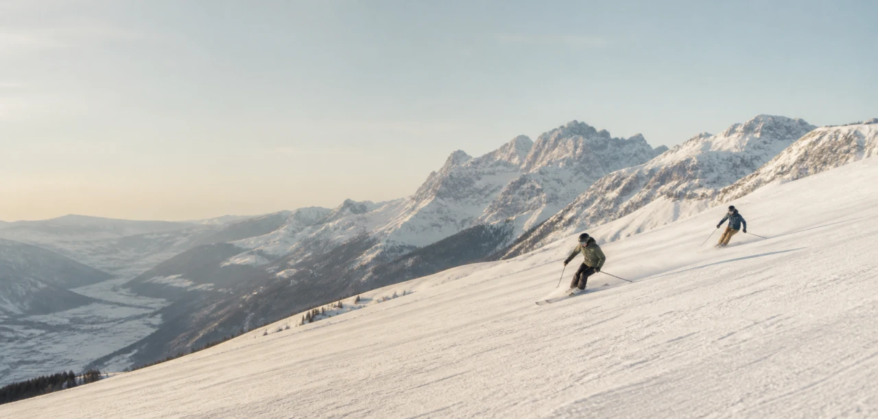 Due persone sciano in modo indipendente su un ampio pendio alpino innevato.