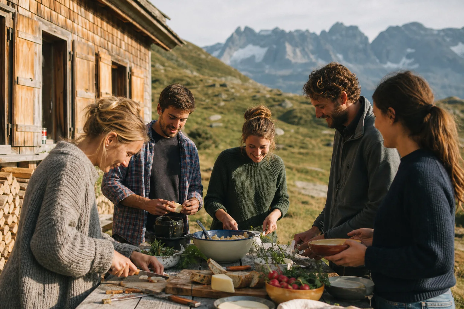 Eine Gruppe bereitet gemeinsam eine Mahlzeit vor einer Berghütte zu.