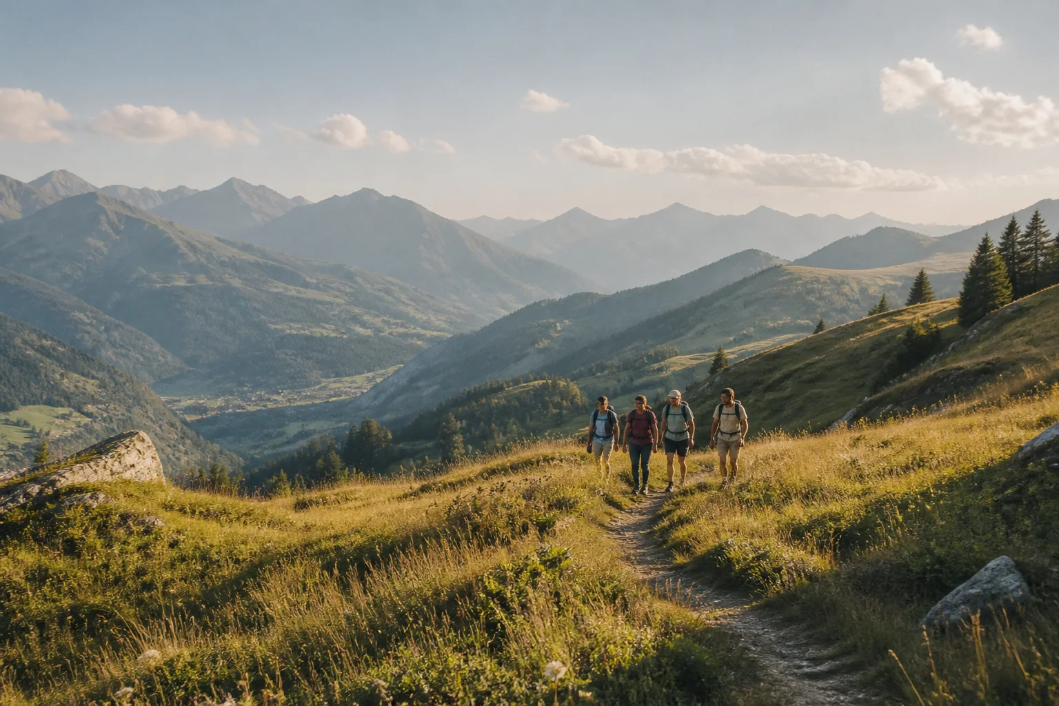 Eine kleine Gruppe wandert gemeinsam durch eine sommerliche Berglandschaft.
