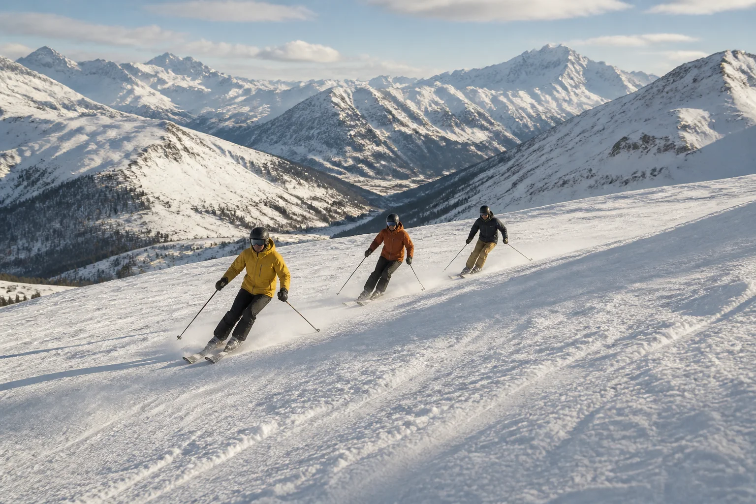 Drei Skifahrer fahren gemeinsam auf einer alpinen Piste.