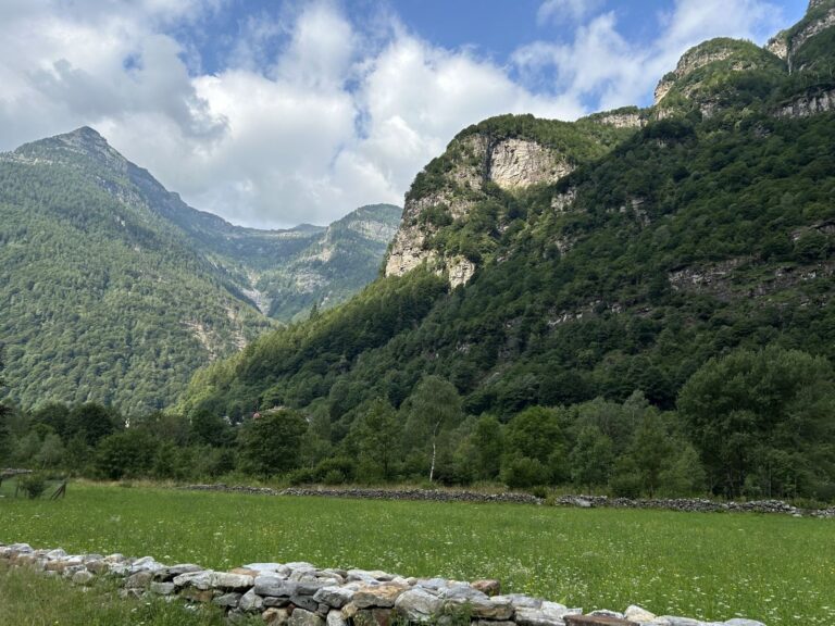 Grüne Berglandschaft im Verzascatal bei Brione